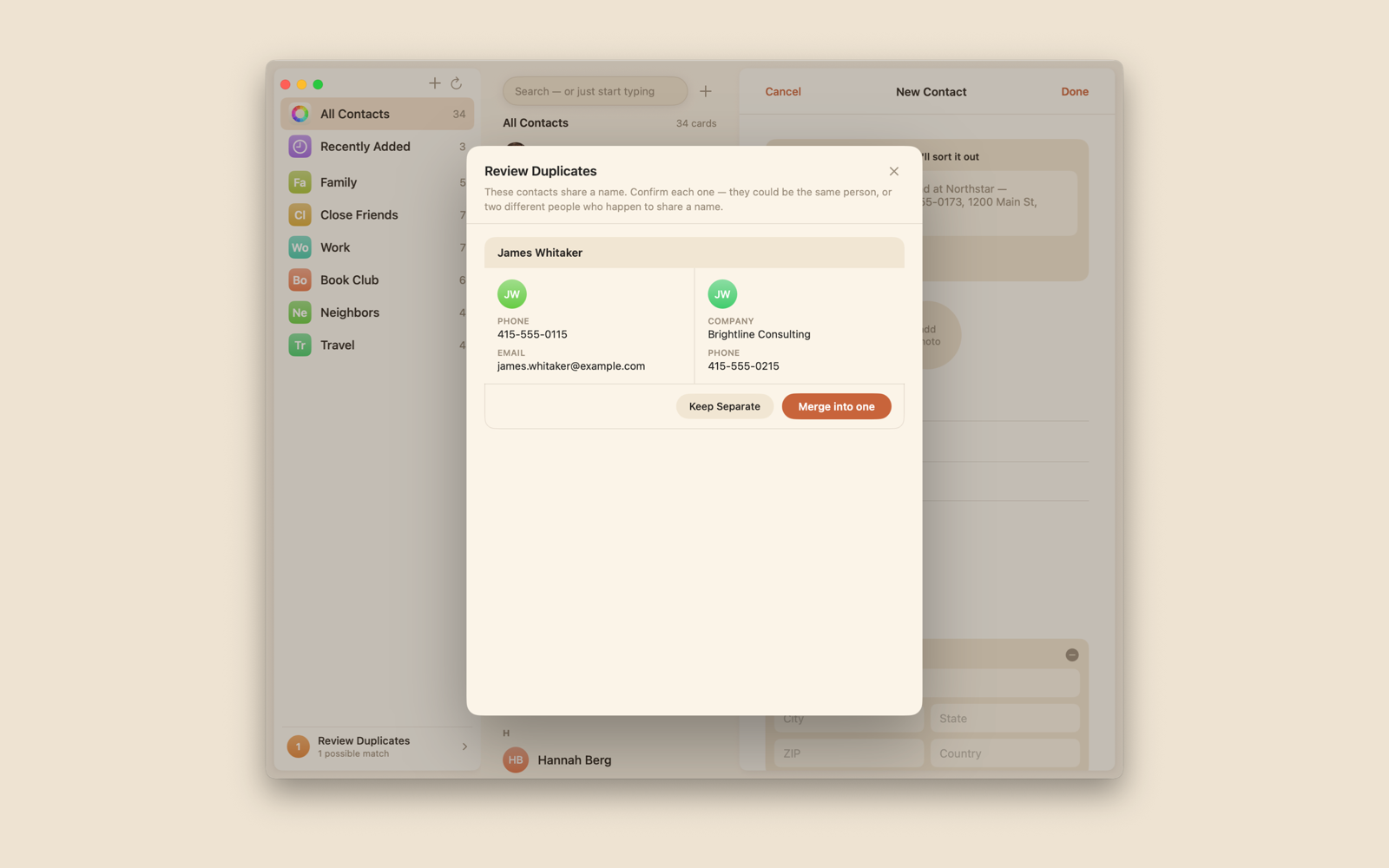 The Review Duplicates dialog in Kin Contacts, showing two contact records that share the name James Whitaker side by side with their differing phone, email, and company details, and buttons to Keep Separate or Merge into one.