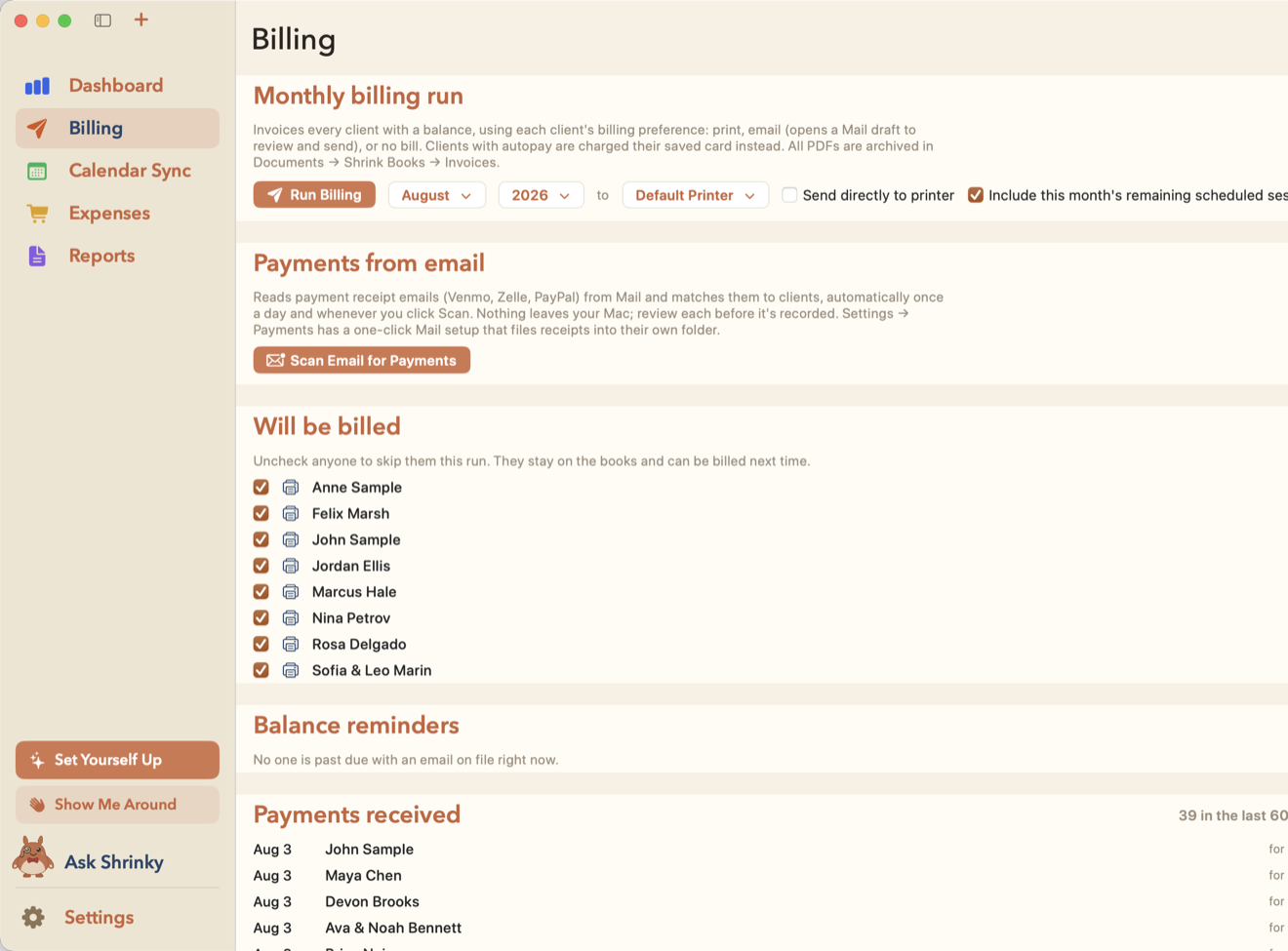 The Shrink Books Billing page: a monthly billing run button, an email payment scanner, a checklist of clients who will be billed with their amounts, and a list of payments received.