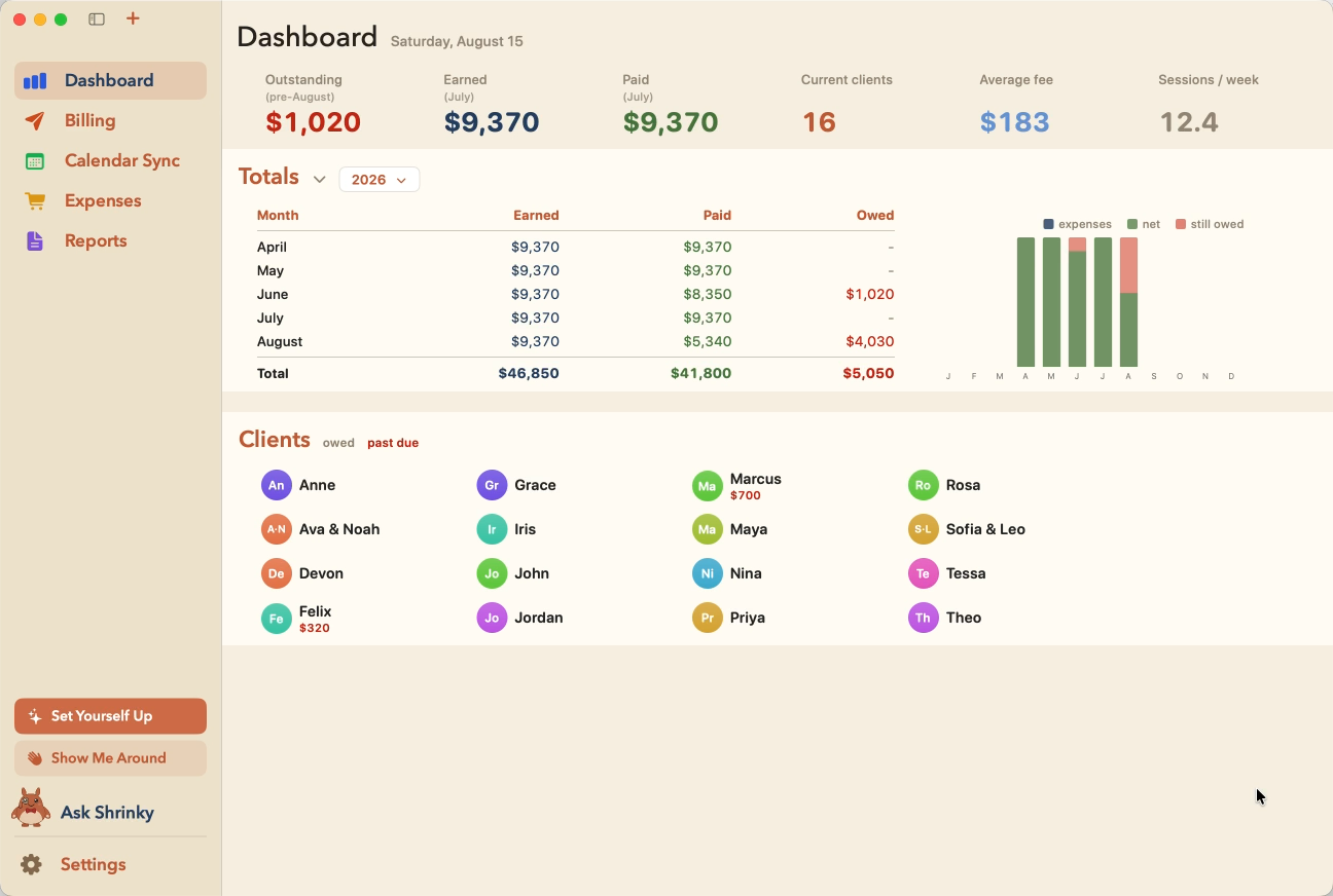 The Shrink Books dashboard with sample data.